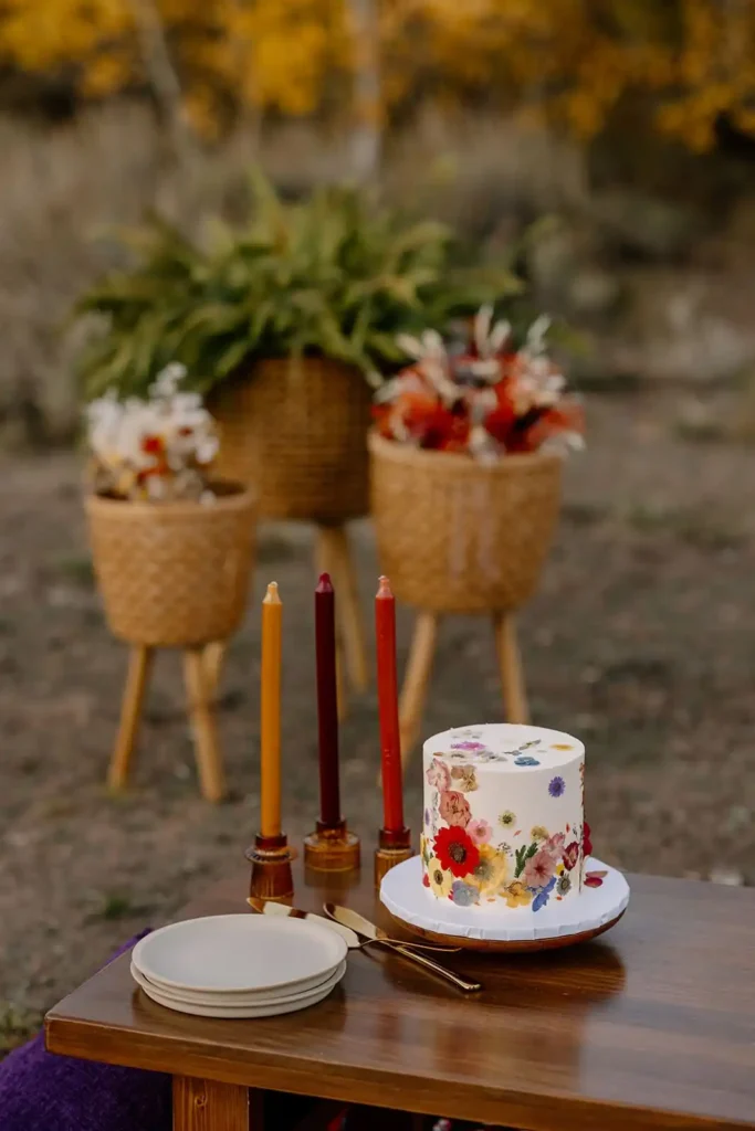 Details of an elopement cake with a picnic in the mountains